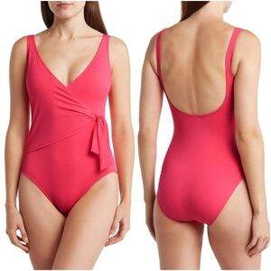 NWT Tommy Bahama Tie Front Wrap One Piece Swimsuit Pink Flattering Sz 8